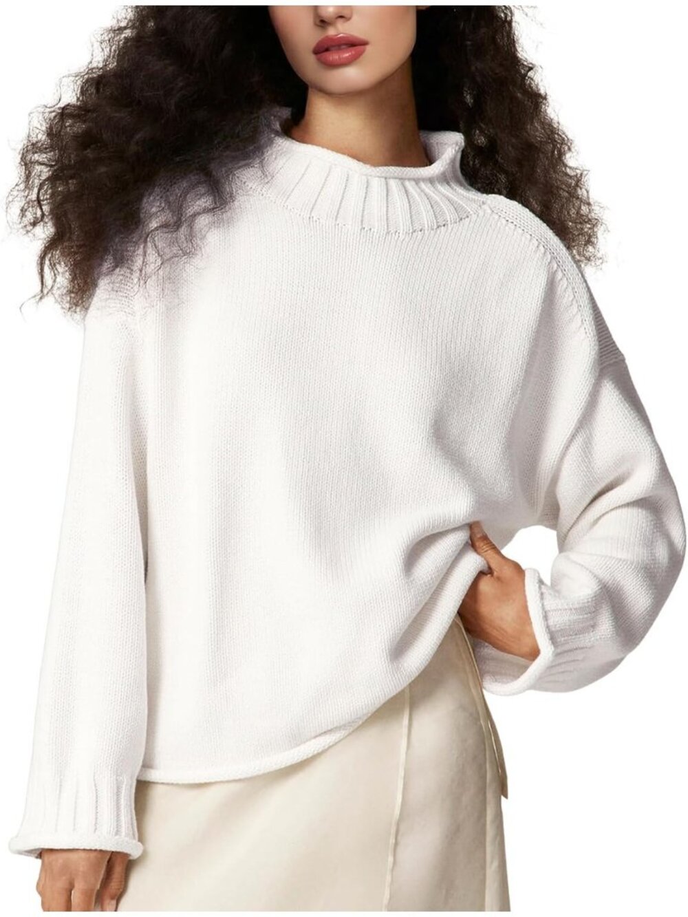 Women's Beige Rollneck Sweater Oversized Cotton Long Sleeve Casual Knit Sweater